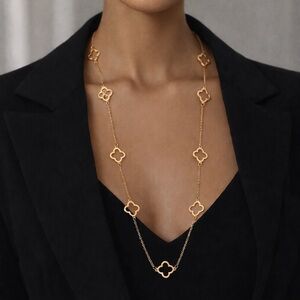 14K Gold Clover Station Necklace | Long Luxury Layering Chain